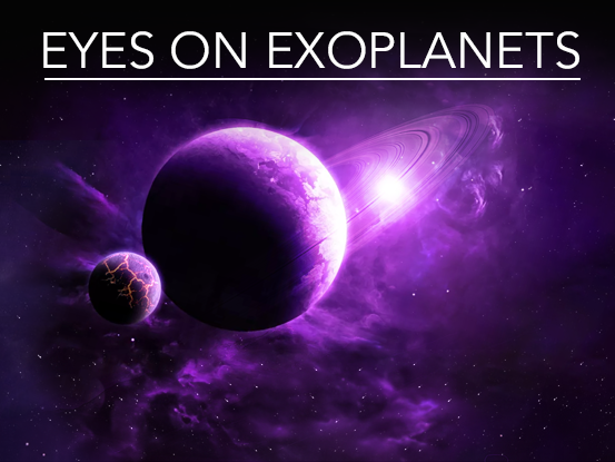 Eyes on the Exoplanets banner displaying an hypothetical exoplanet with its moon and a star in the distance,