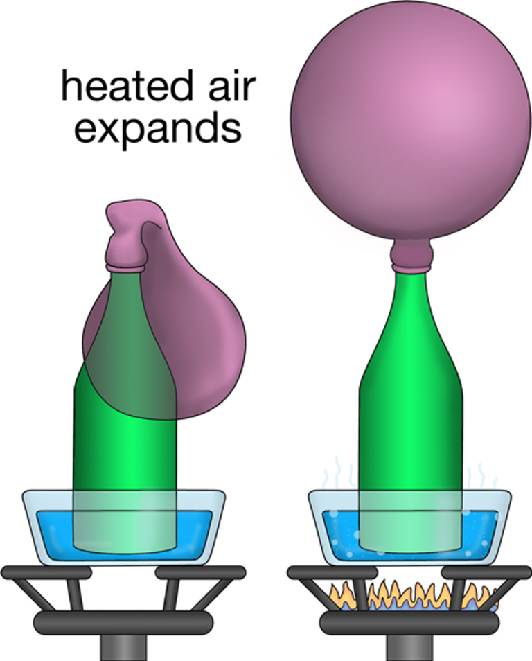 This infographic shows how hair expands when heated. A bottle in a bowl of water is heated on a burner. The balloon fills as the water heats up.