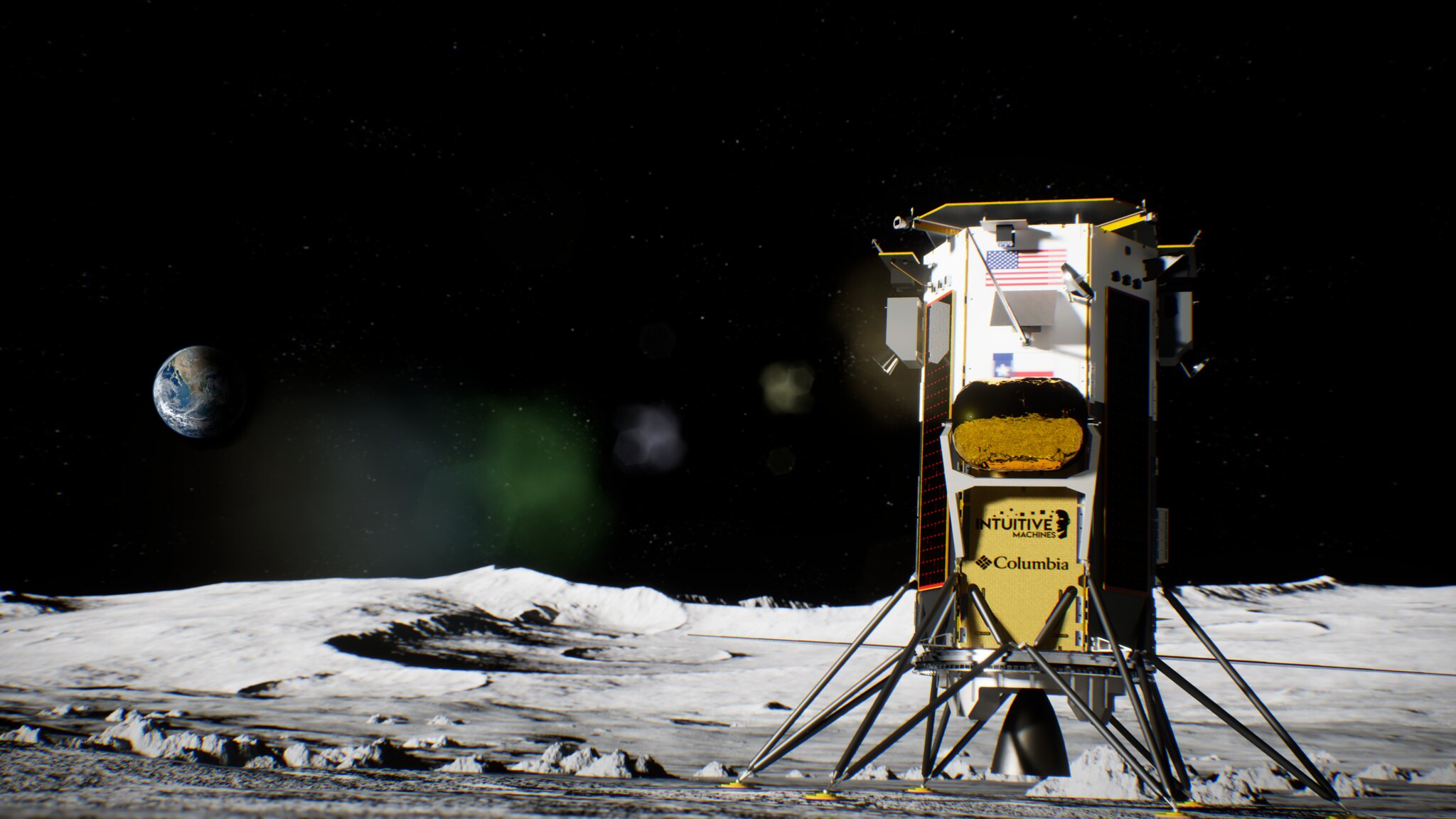 A rendering of Intuitive Machines' Nova-C lander on the surface of the Moon with Earth visible in the background