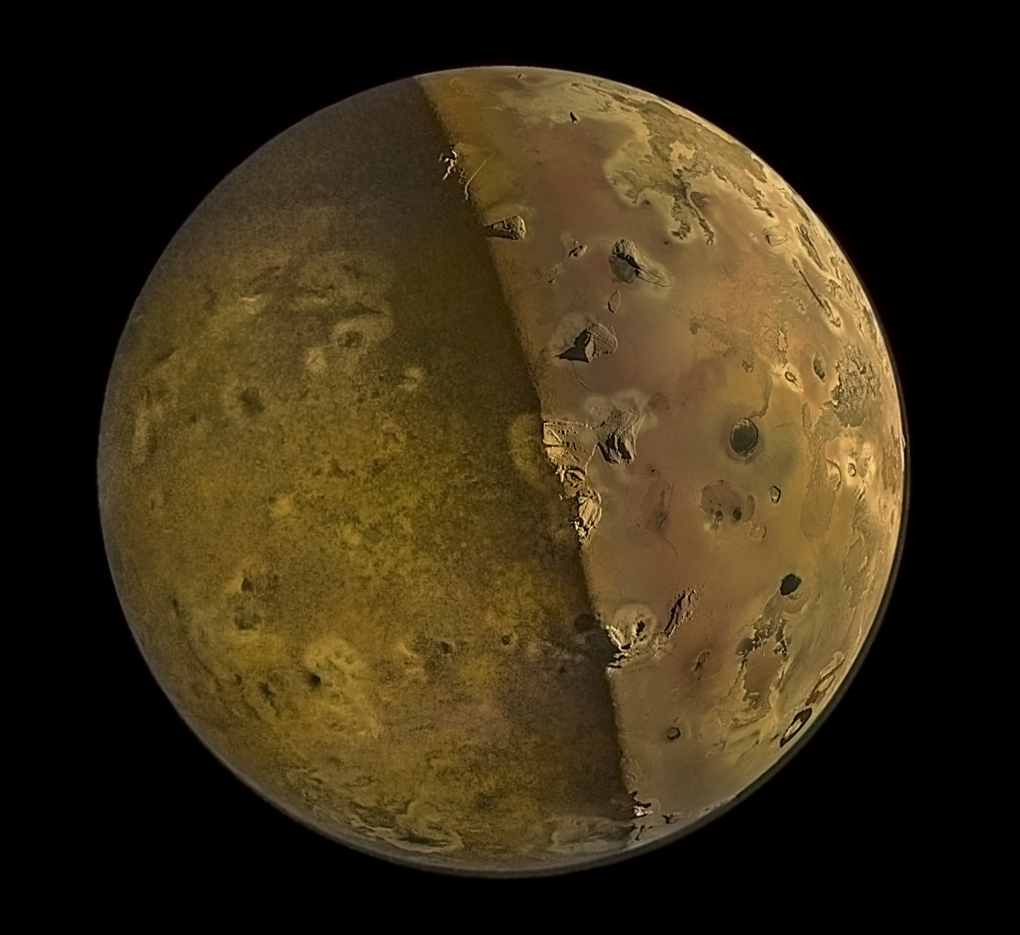 An image of an orangish-brown moon showing craters and other surface detail; the right hemisphere is lit with sunlight reflected from Jupiter.