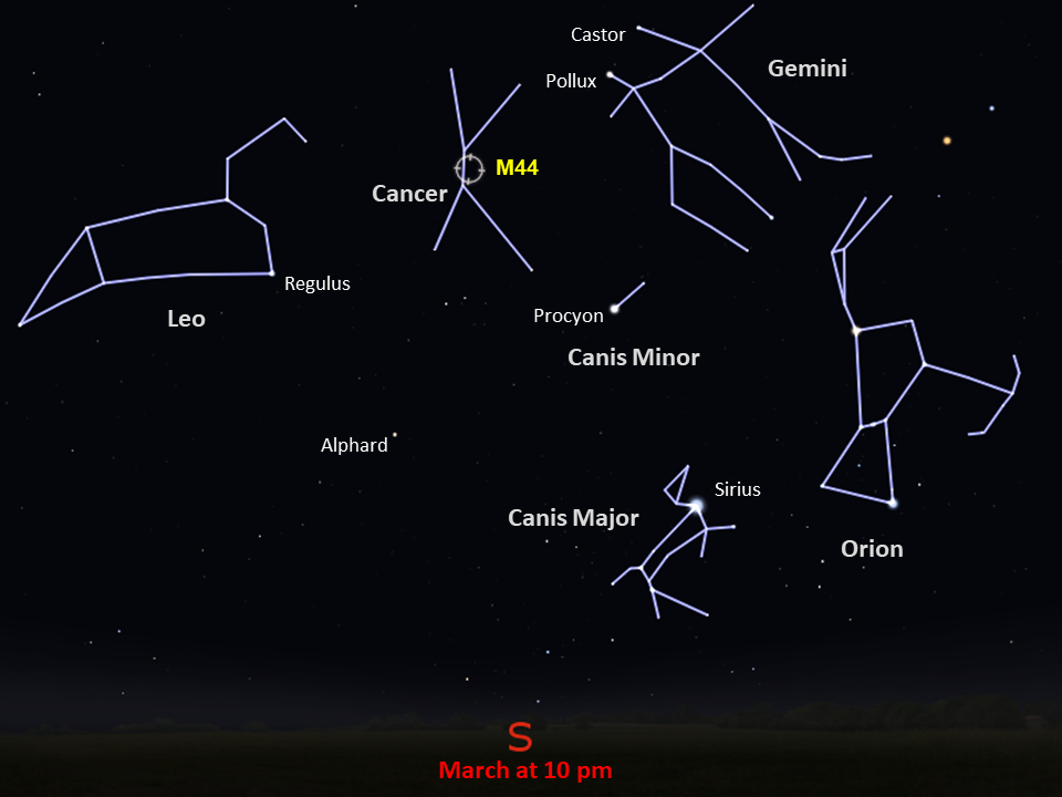 Sky map showing position of M44 in the constellation Cancer in northern skies.
