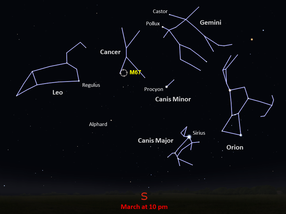 Sky map showing position of M67 in the constellation Cancer in northern skies.