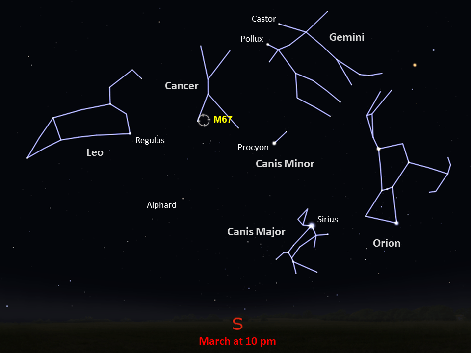 Sky map showing position of M67 in the constellation Cancer in northern skies.