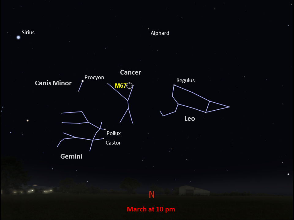 Sky map showing position of M67 in the constellation Cancer in southern skies.