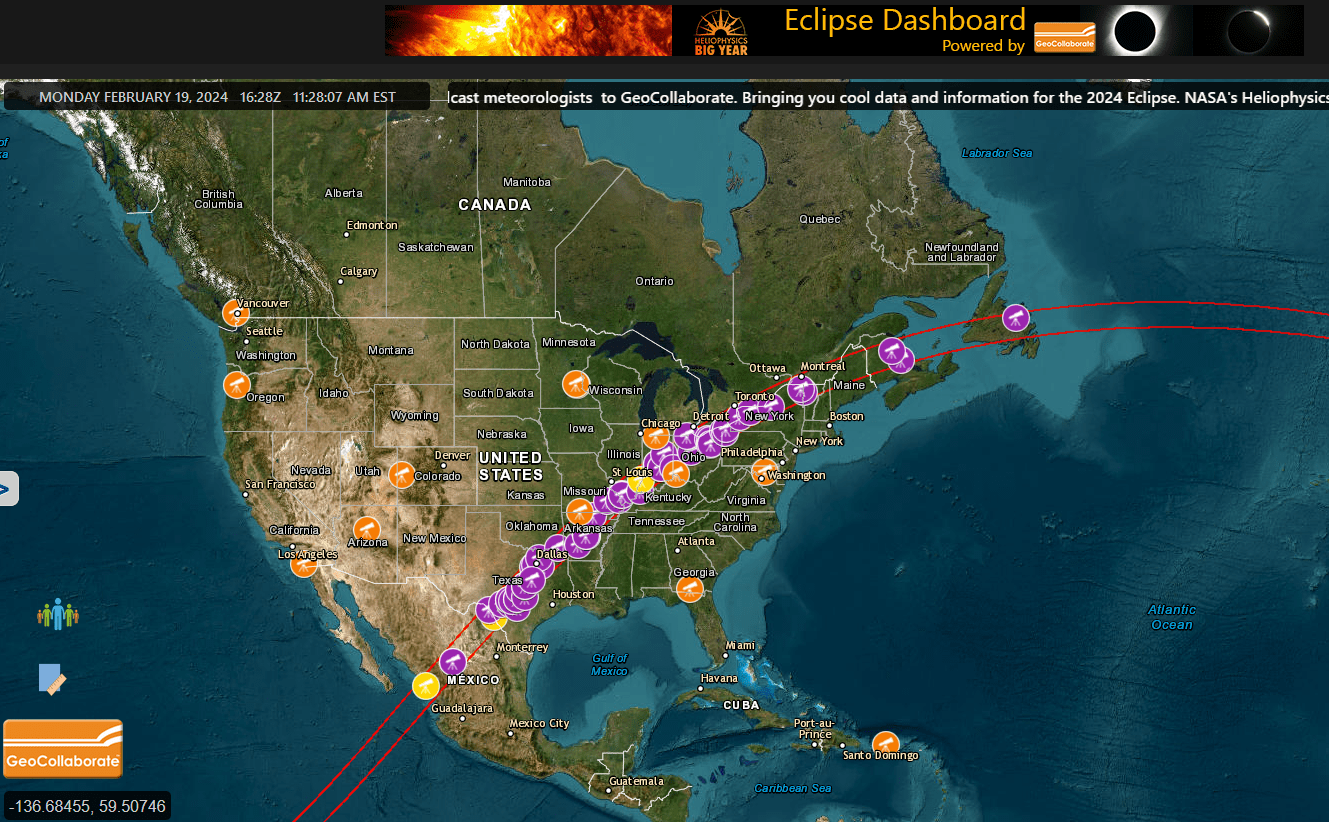 Across a true color image of the United States, Mexico, and southern Canada, we see an arcing band of purple icons nearly obscuring two parallel red lines that extend off the image. The red lines indicate the northern and southern edge of totality. The purple icons indicate locations of DEB Initiative Teams who will be making observations on April 8. A dozen orange icons are scattered over the US and Puerto Rico. These mark the locations of off-the-path teams who will also be making observations.