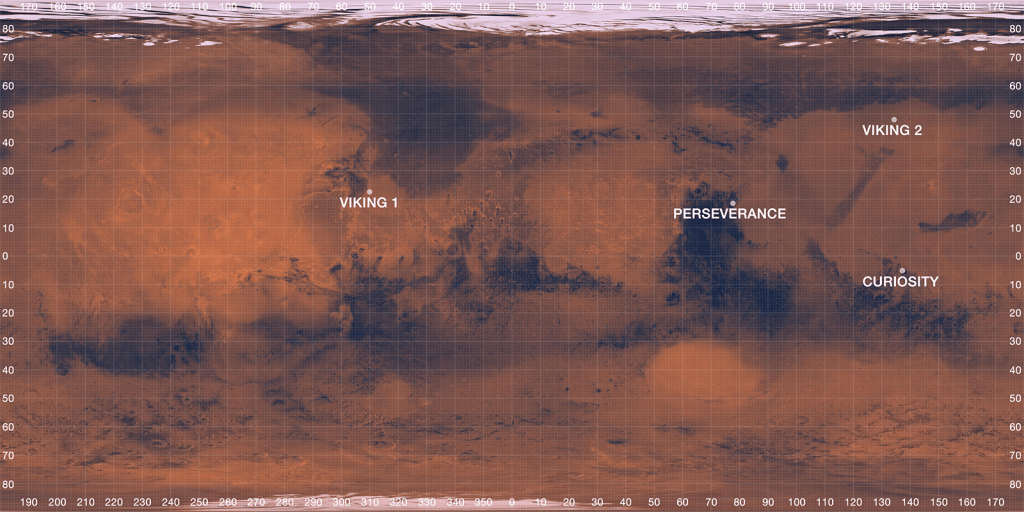 An aerial map of Mars marked with the landing sites of Viking 1, Viking 2, Curiosity, and Perseverance.