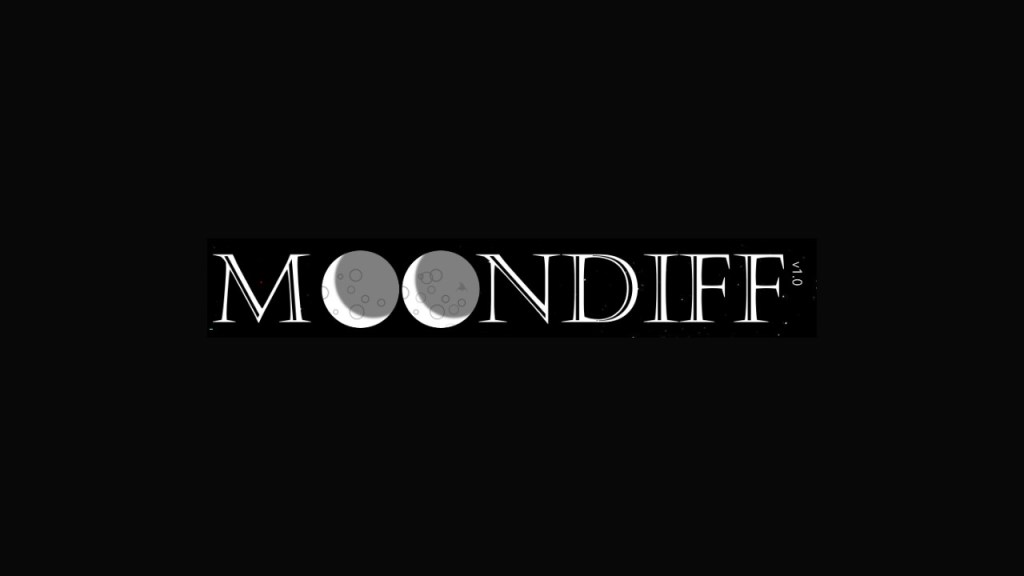 serif text in gray with two moons for the letter O in Moon, against a black background