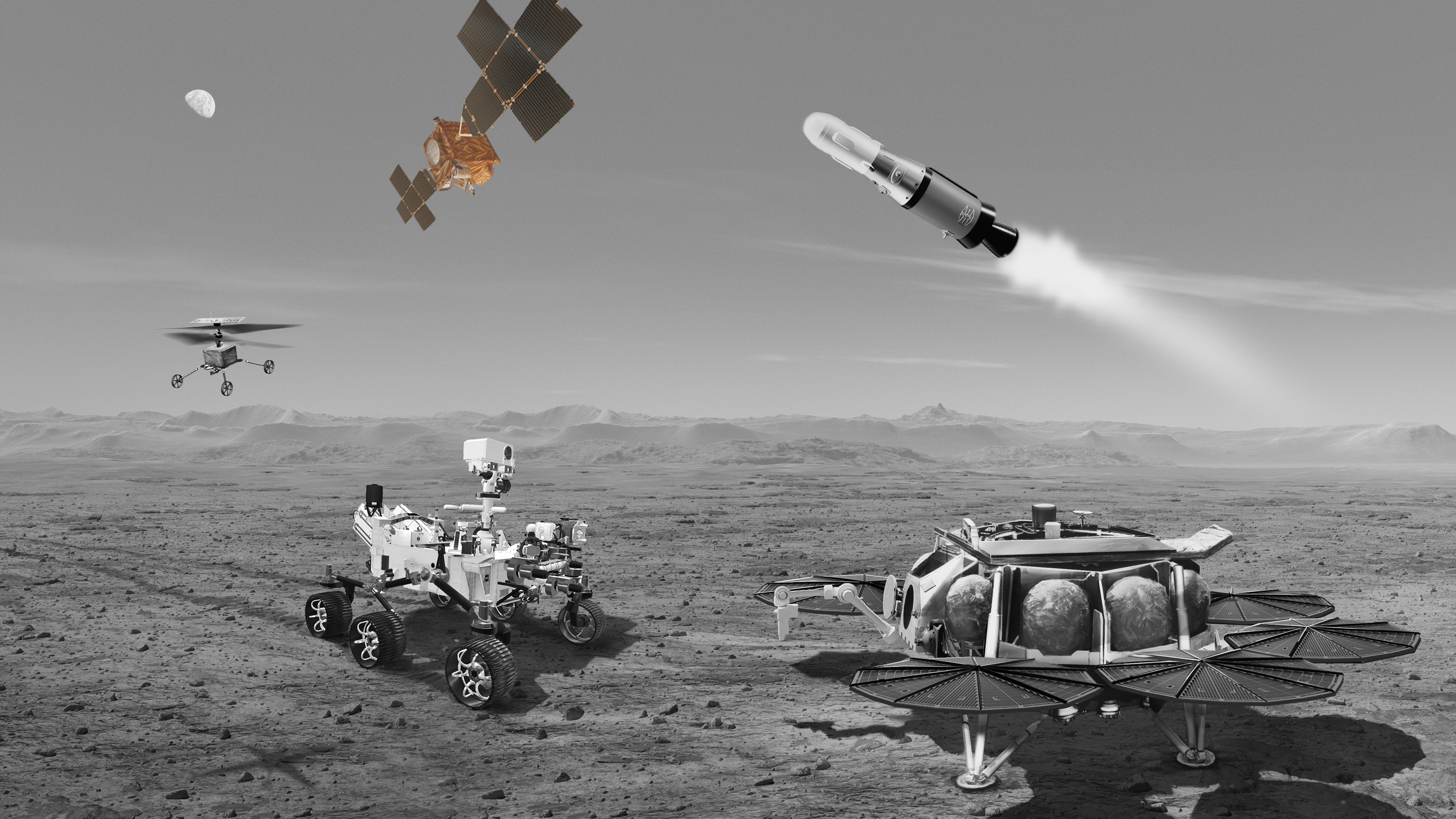 This artist's view shows the five spacecraft involved in Mars Sample Return - a rover, orbiter, lander, rocket, and small helicopters. The Earth Return Orbiter is highlighted in this image.