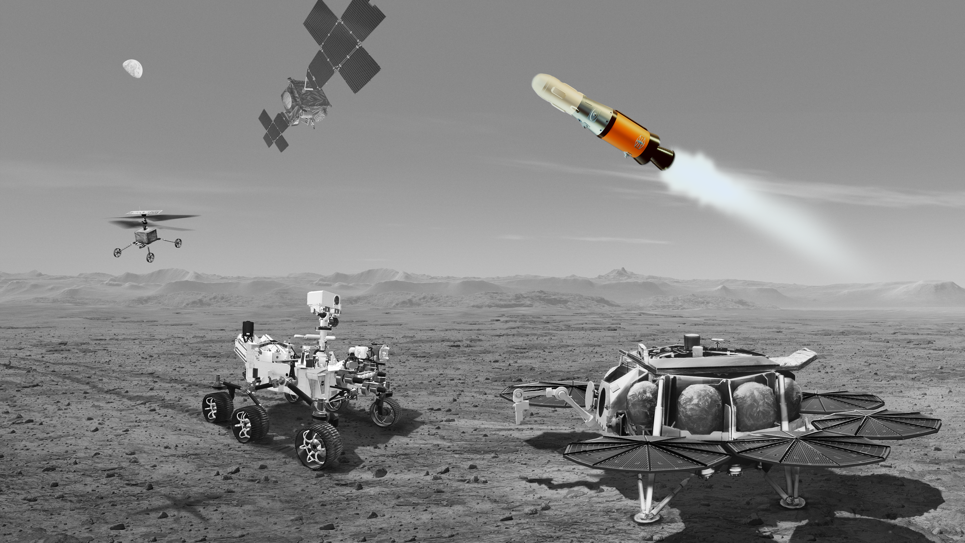 Artist's concept of all five vehicles in the Mars Sample Return mission, a rover, a lander, an orbiter, a helicopter and a rocket. The rocket is highlighted in this image.