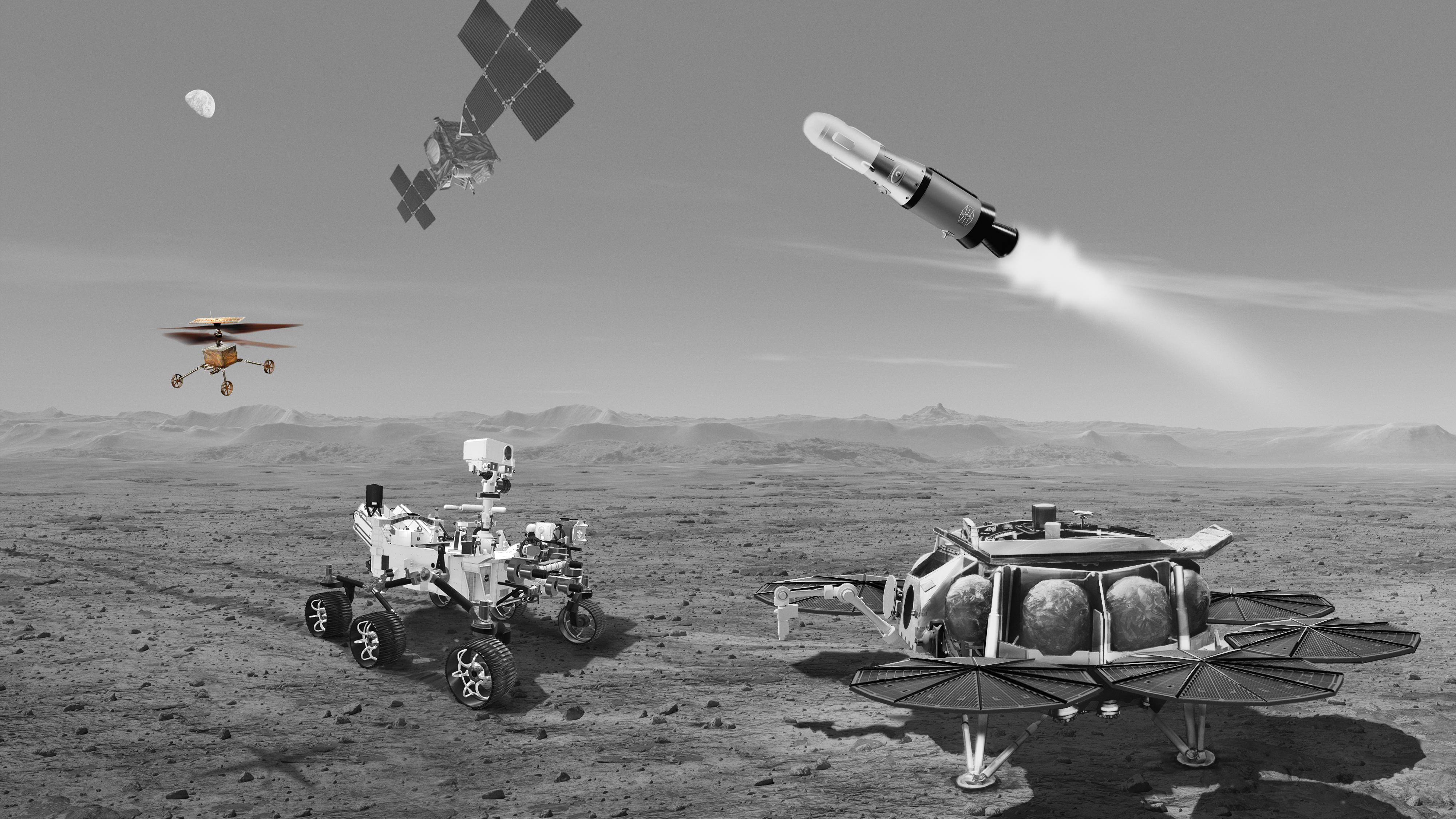 Artist's concept of all five vehicles in the Mars Sample Return mission, a rover, a lander, an orbiter, a helicopter and a rocket. The helicopter is highlighted in this image.