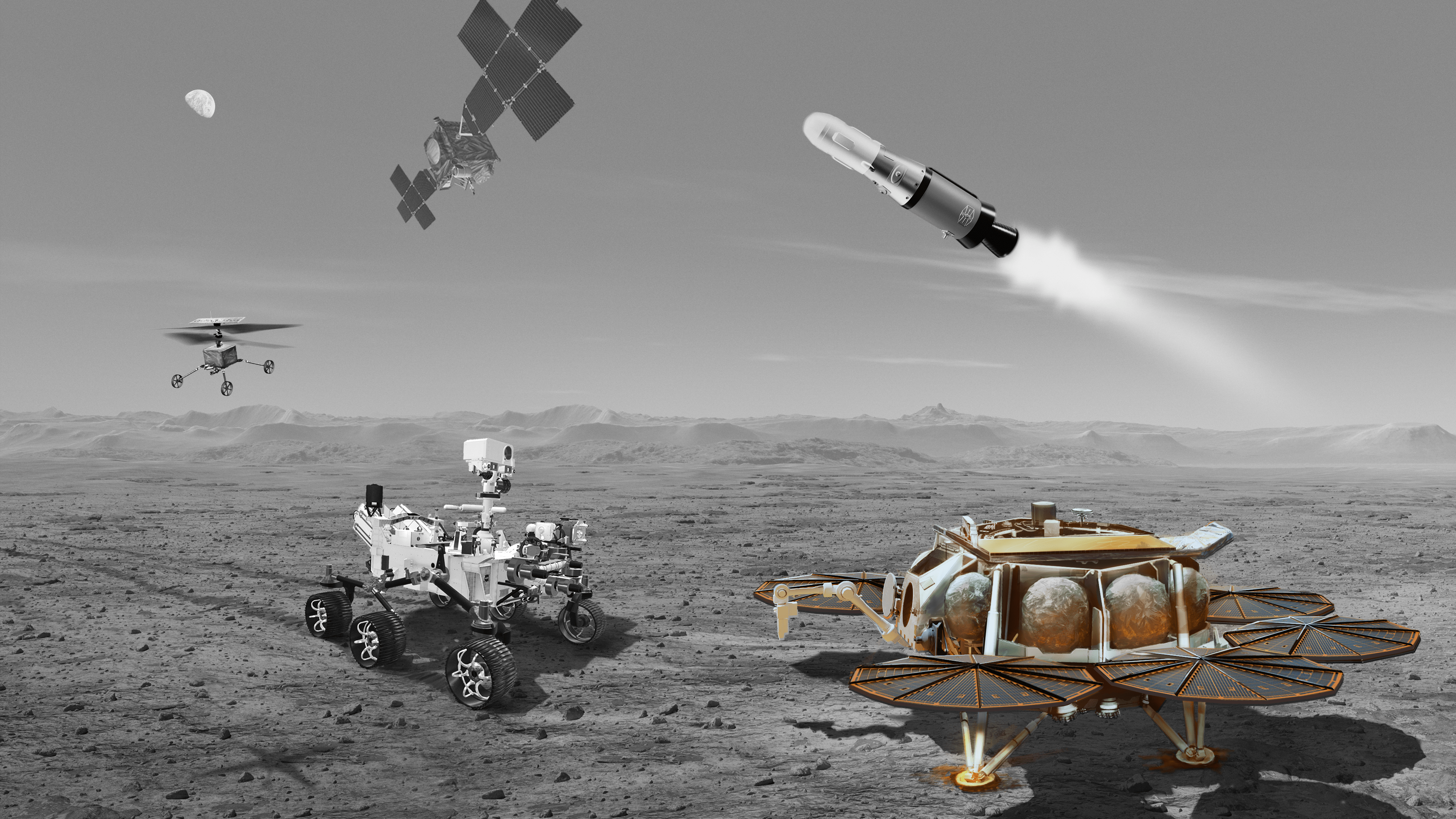 This image shows the five spacecraft that make up Mars Sample Return, a helicopter, an orbiter, a rocket, a rover and a landing platform. The Sample Return Lander platform is highlighted for emphasis.