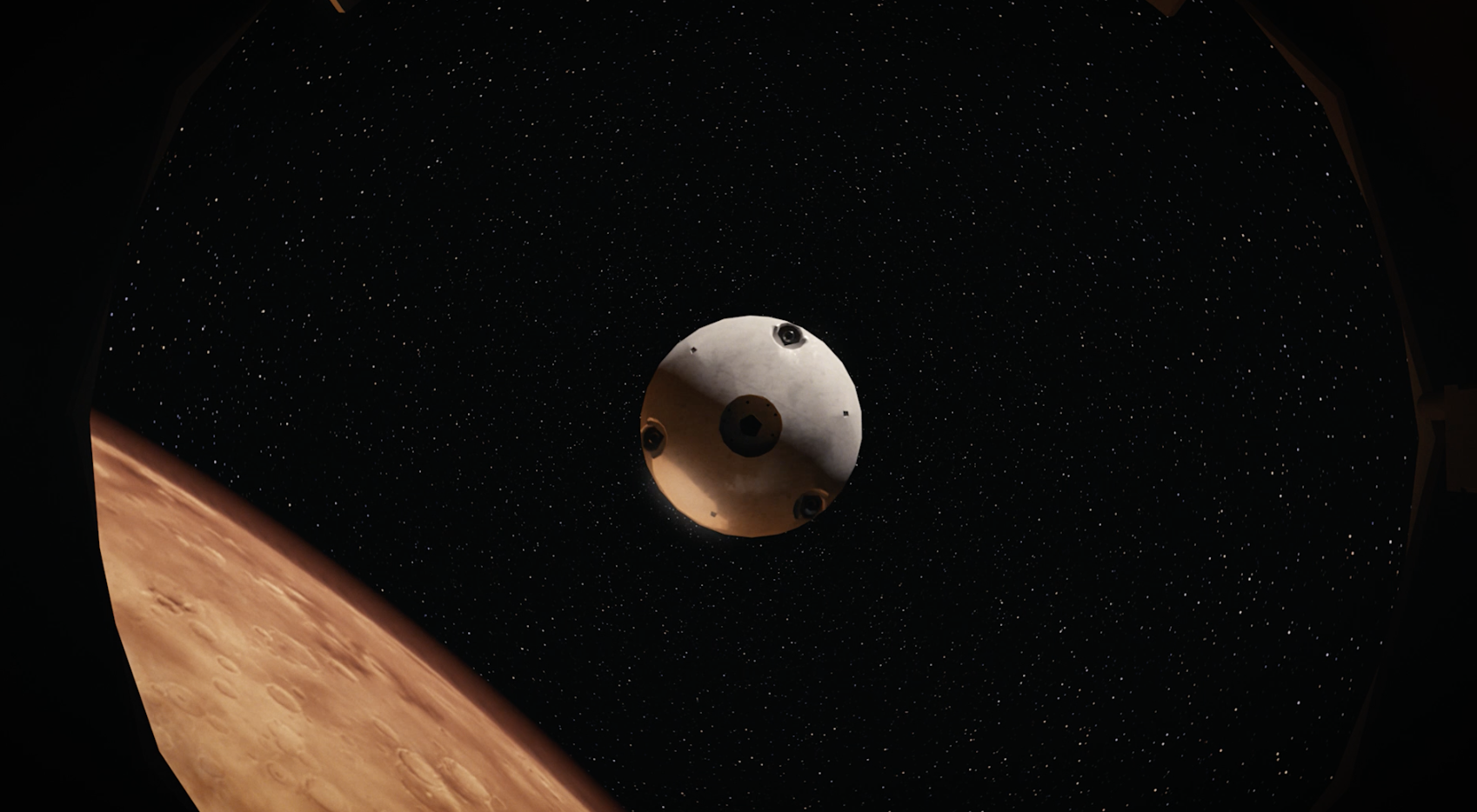 A small capsule orbits above Mars in this artist's concept