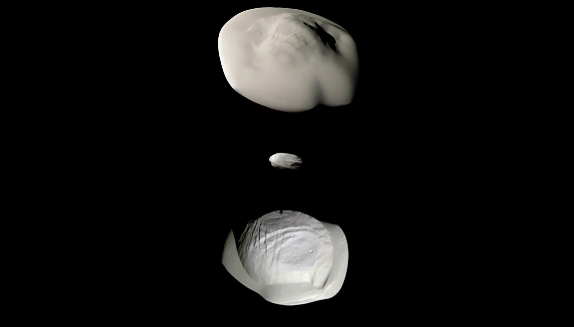 a trio of ravioli-shaped small moons of Saturn.