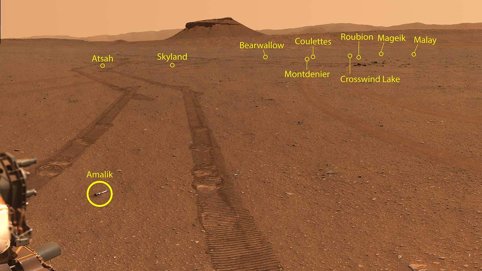 Ten small sample collection tubes lay along the tire tracks of the Perseverance rover. A mesa is on the horizon.