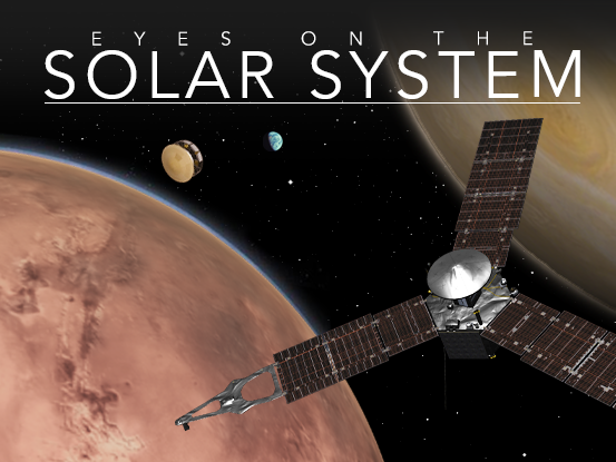 Eyes on the Solar System banner displaying Juno spacecraft in the bottom right, Mars 2020 EDL on the left, Mars in the bottom left and Jupiter in the top right. We can see The Earth in the distance.