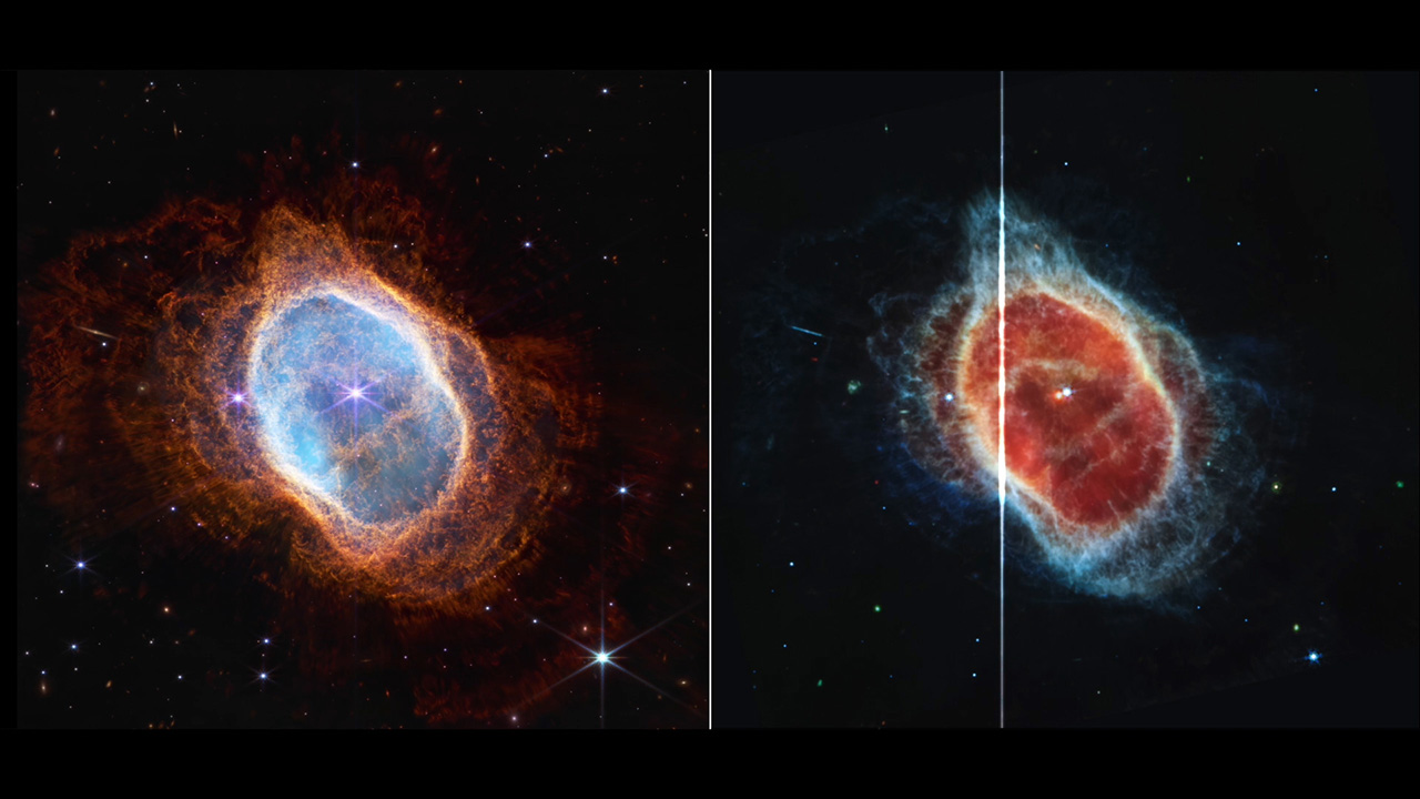 Video still frame from a sonification of the Southern Ring Nebula. Two views of the same object, the Southern Ring Nebula, are shown side by side. Both feature black backgrounds speckled with tiny bright stars and distant galaxies. Both show the planetary nebula as a misshapen oval that is slightly angled from top left to bottom right. At left, the near-infrared image shows a bright white star with eight long diffraction spikes at the center. A large transparent teal oval surrounds the central star. Several red shells surround the teal oval, extending almost to the edges of the image. The red layers, which are wavy overall, look like they have very thin straight lines piercing through them. At right, the mid-infrared image shows two stars at the center very close to one another. The one at left is red, the one at right is light blue. The blue star has tiny diffraction spikes around it. A large translucent red oval surrounds the central stars. From the red oval, shells extend in a mix of colors.