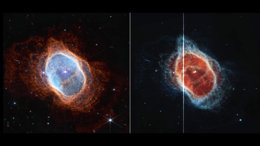 Video still frame from a sonification of the Southern Ring Nebula. Two views of the same object, the Southern Ring Nebula, are shown side by side. Both feature black backgrounds speckled with tiny bright stars and distant galaxies. Both show the planetary nebula as a misshapen oval that is slightly angled from top left to bottom right. At left, the near-infrared image shows a bright white star with eight long diffraction spikes at the center. A large transparent teal oval surrounds the central star. Several red shells surround the teal oval, extending almost to the edges of the image. The red layers, which are wavy overall, look like they have very thin straight lines piercing through them. At right, the mid-infrared image shows two stars at the center very close to one another. The one at left is red, the one at right is light blue. The blue star has tiny diffraction spikes around it. A large translucent red oval surrounds the central stars. From the red oval, shells extend in a mix of colors.