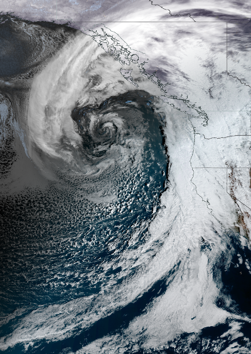 A powerful winter storm hit the west coast of the U.S. and Canada on Jan. 31, 2024. Weather forecasters expect heavy rainfall and gusty winds from coastal British Columbia to central California. Mountain areas such as the Sierra Nevada are likely to get significant snowfall. The NOAA-NASA GOES-West satellite captured this image on the morning of Jan. 31.