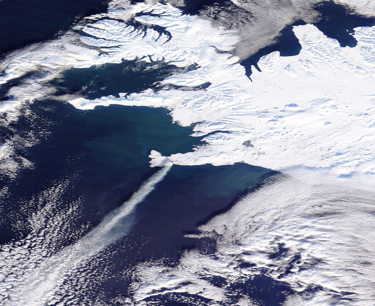 Lava flowed from the ground once again in southwestern Iceland, during the third eruption in a sequence that began in December 2023. NASA’s Terra satellite captured this view on Feb. 9, 2024, showing a plume of ash drifting out over the Atlantic Ocean. The eruption lasted only one day, but geologists think more are likely to follow.
