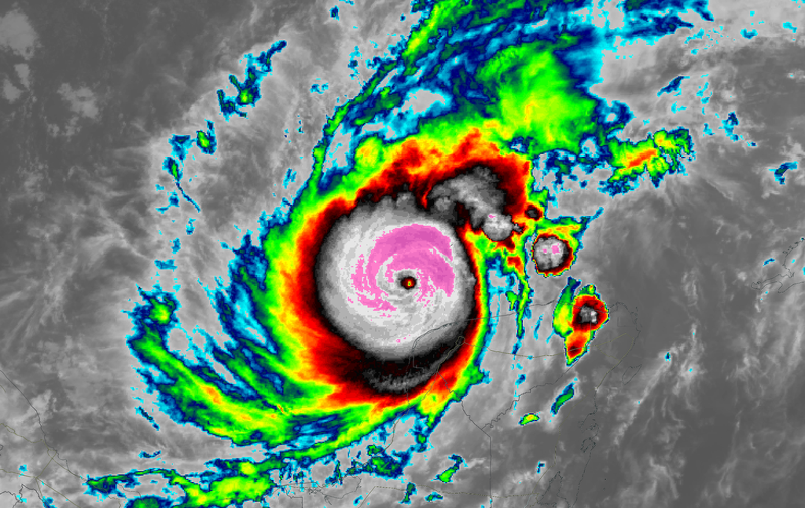 A false-color image of Hurricane Milton as seen from orbit above Earth.