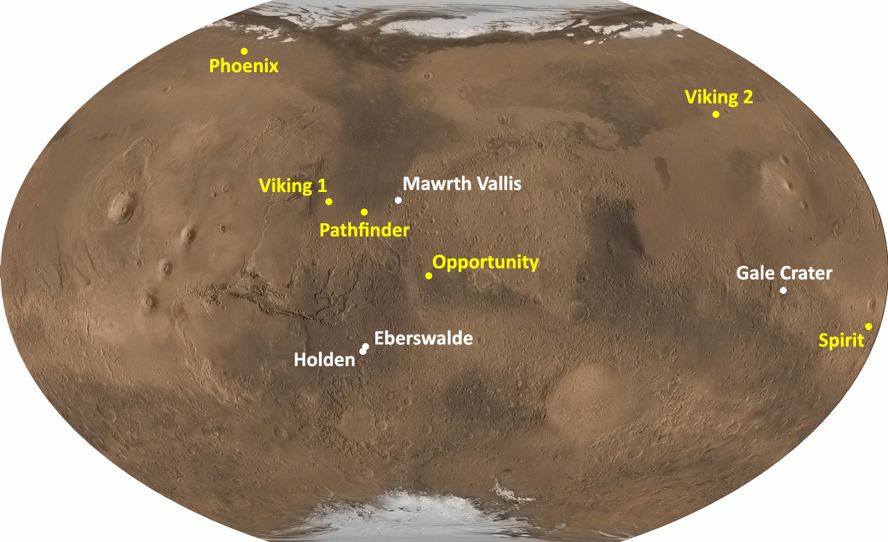This map of Mars shows 4 possible landing sites for the Mars Science Laboratory.  Aslo shown are the landing sites for past missions; Phoenix, Viking 1, Viking 2 Pathfinder, Opportunity and Spirit.