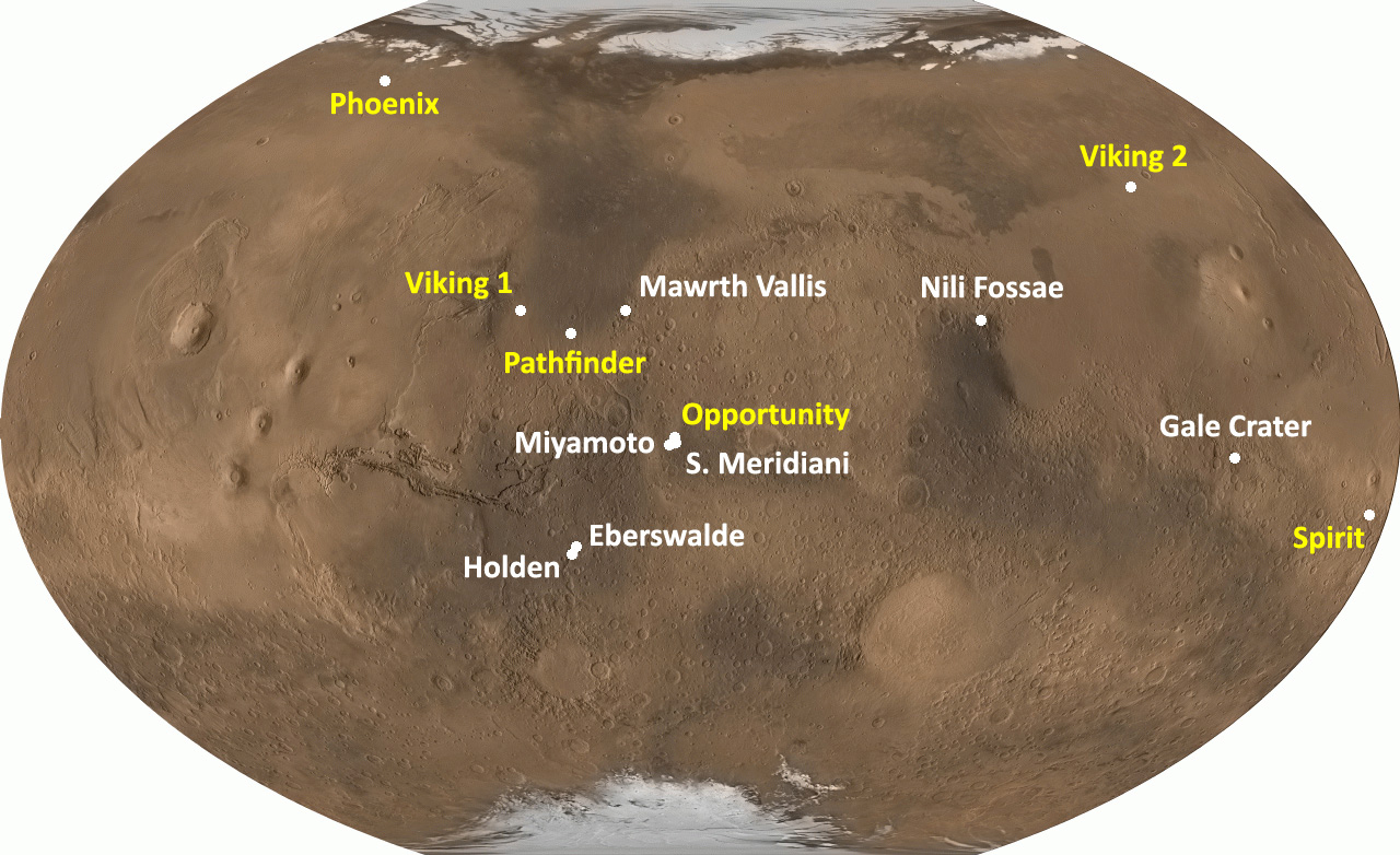 This global image shows seven possible landing sites for MSL.