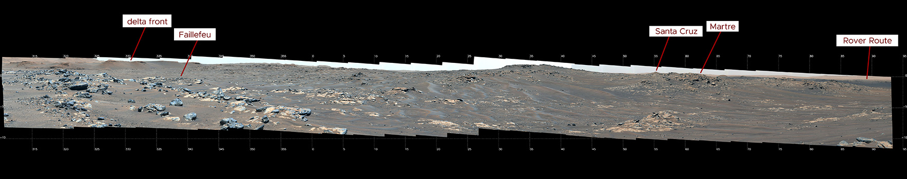 This annotated image indicates the location of several prominent geologic features visible in a mosaic composed of 84 pictures taken by the Mastcam-Z imager aboard Perseverance.