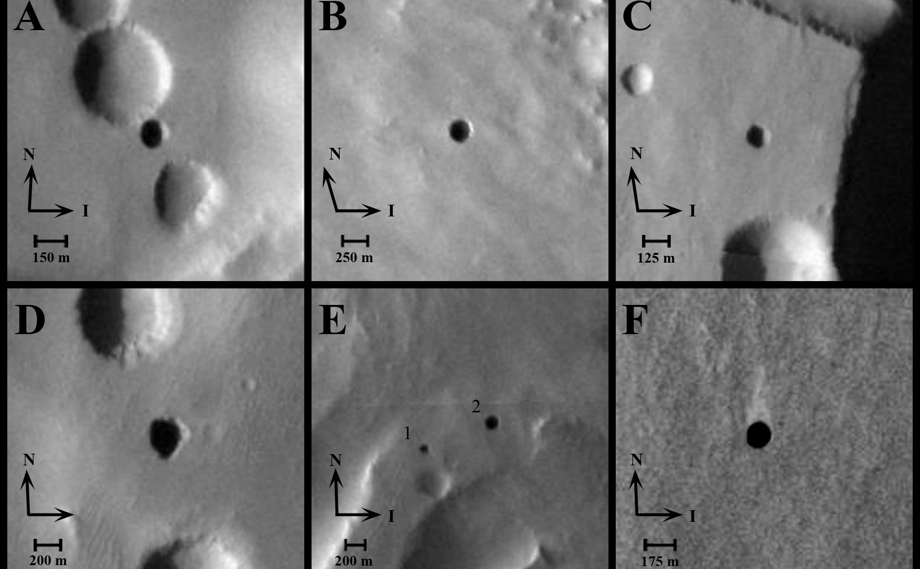 Seven Possible Cave Skylights on Mars