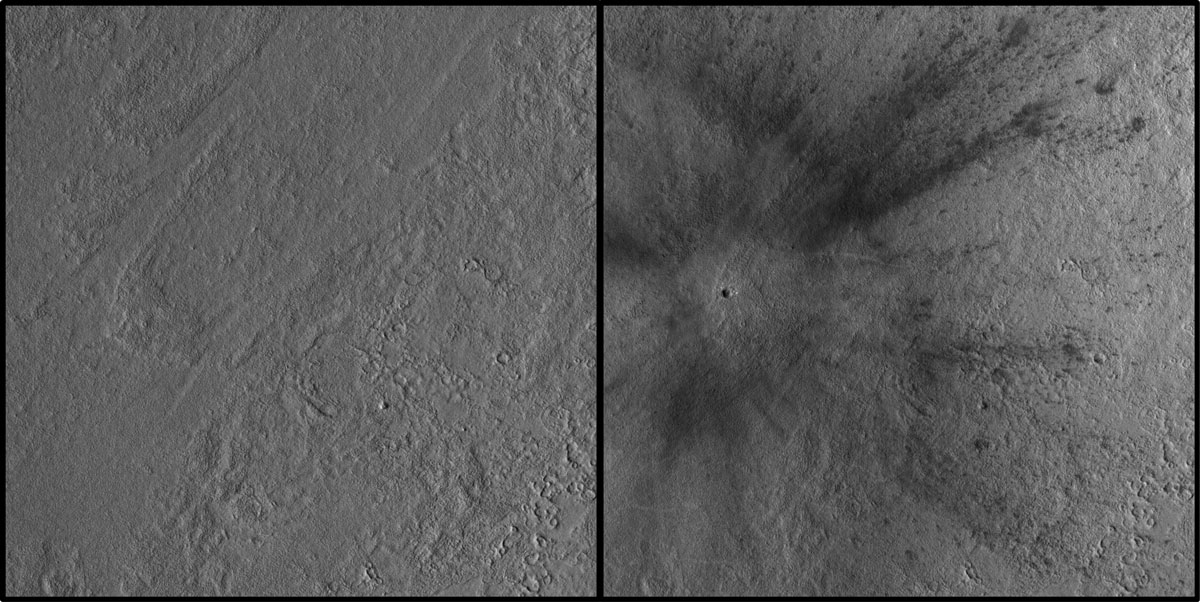 Figure B shows a before-and-after comparison of this location on Mars.