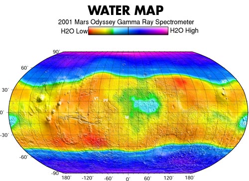 This map shows regions high in hydrogen at the north and south poles. The areas shown in blue and violet are believed to consist of 50% water ice by volume.