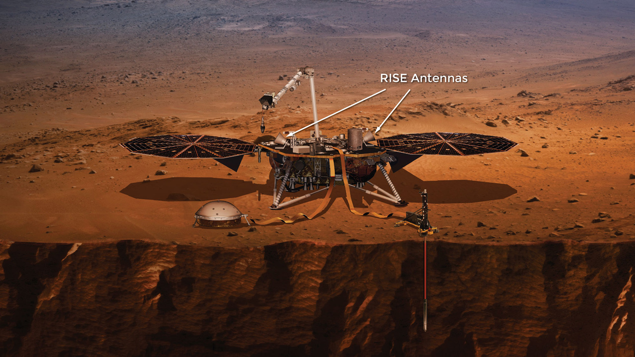 An artist's concept of InSight on Mars with location of the two antennas on either side of its science instrument deck.
