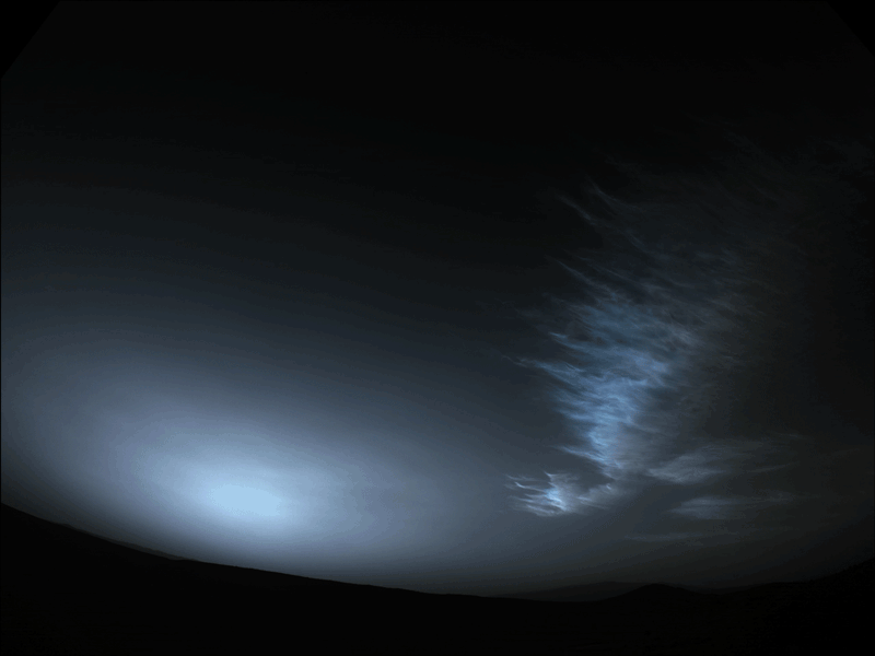 NASA's Perseverance Mars rover used one of its navigation cameras to take a series of images of drifting clouds just before sunrise on March 18, 2023, the 738th Martian day, or sol, of the mission.