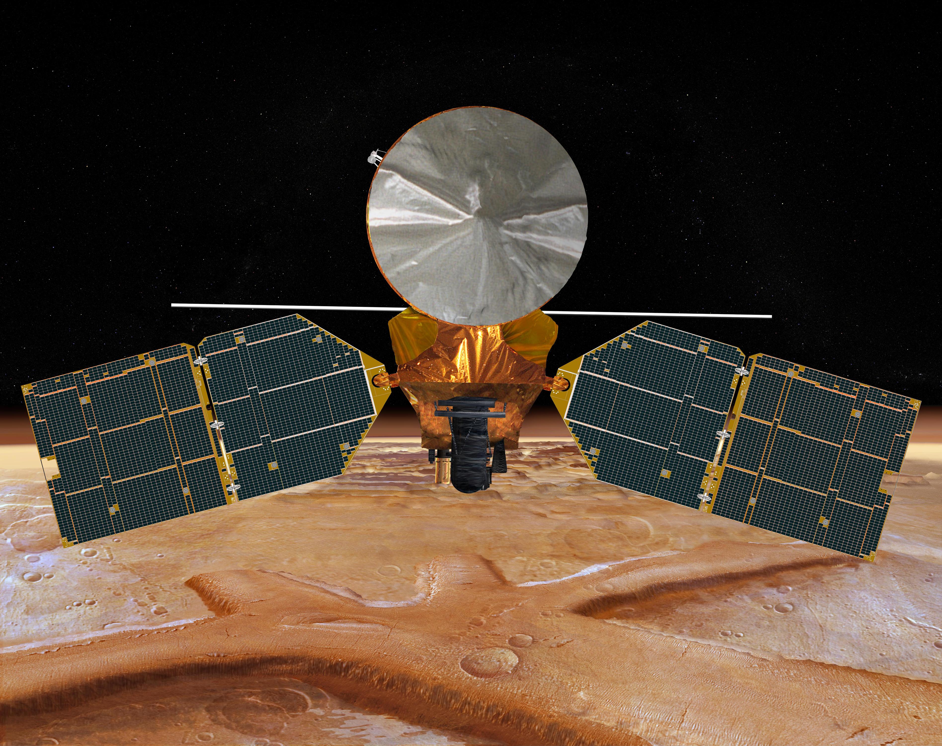This artist's concept of the Mars Reconnaissance Orbiter features the spacecraft's main bus facing down, toward the red planet.