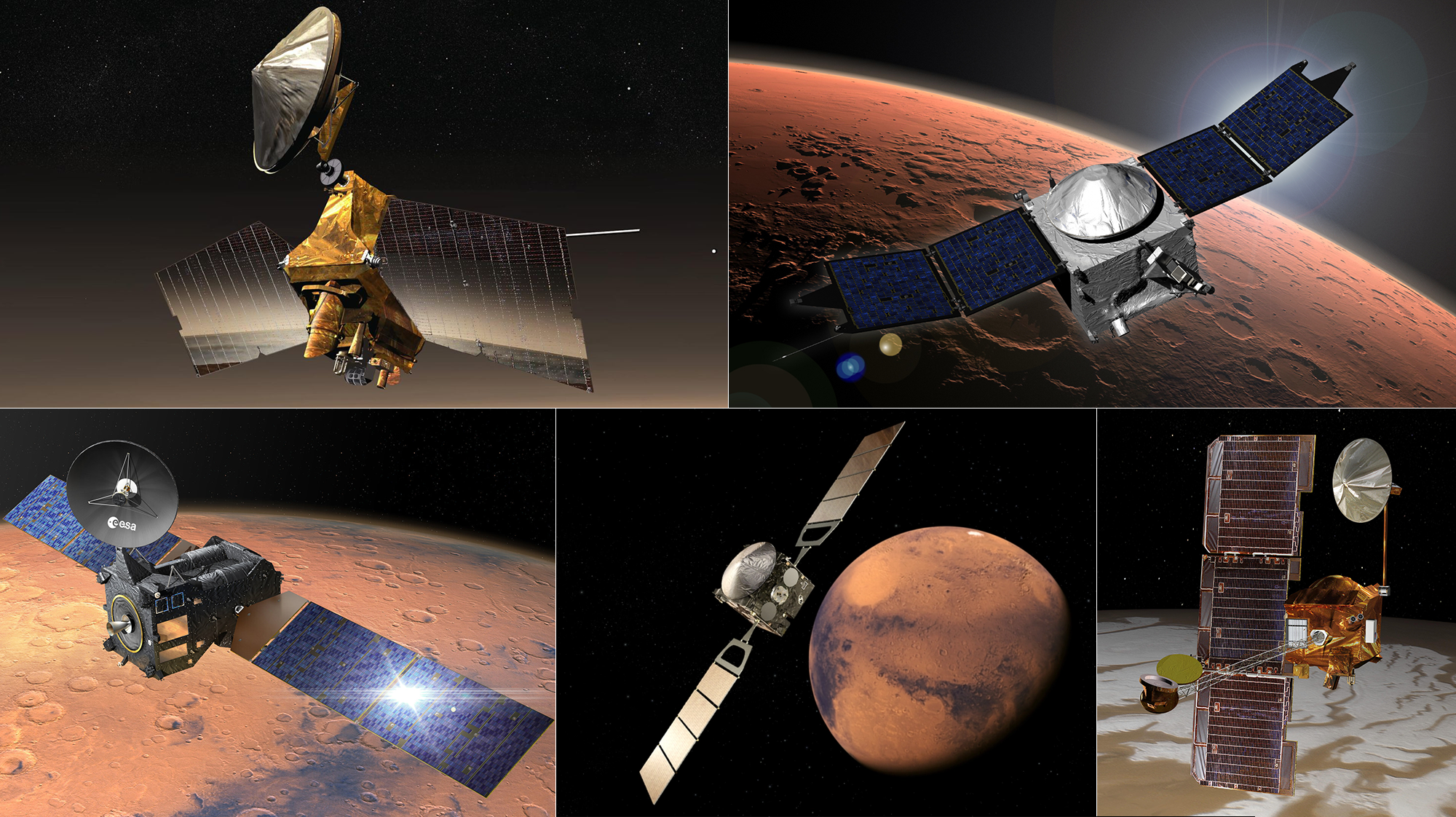 A collage of five spacecraft illustrations at Mars.