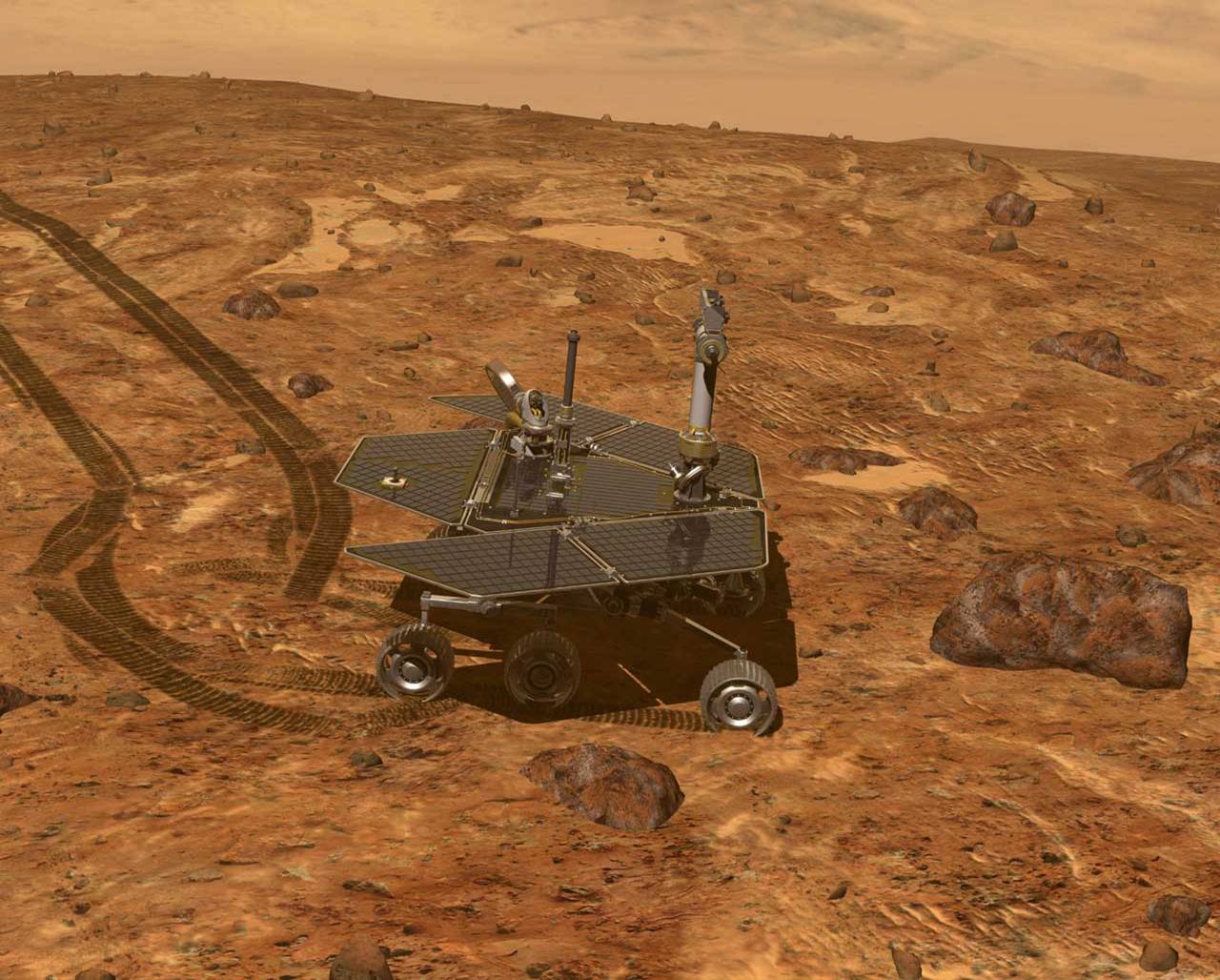 Artist's concept of controlling the rover from Earth, scientists drive the rover along Mars' surface inspecting geological features.