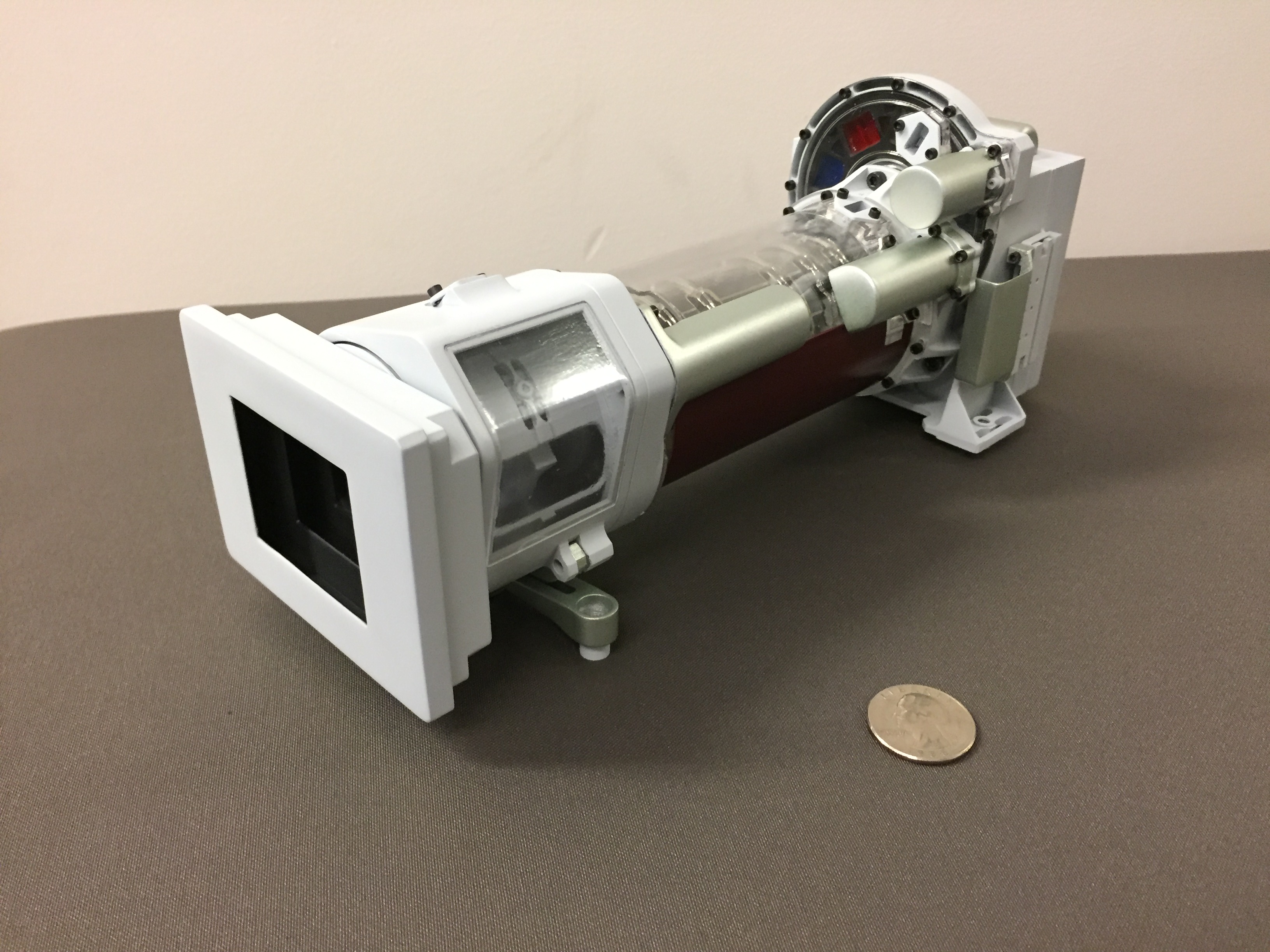 A 3-D printed model of Mastcam-Z, one of the science cameras on the Mars 2020 rover. Mastcam-Z will include a 3:1 zoom lens.