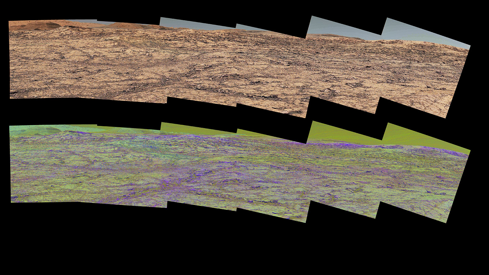 This pair of images from the Mast Camera (Mastcam) on NASA's Curiosity rover illustrates how special filters are used to scout terrain ahead for variations in the local bedrock.