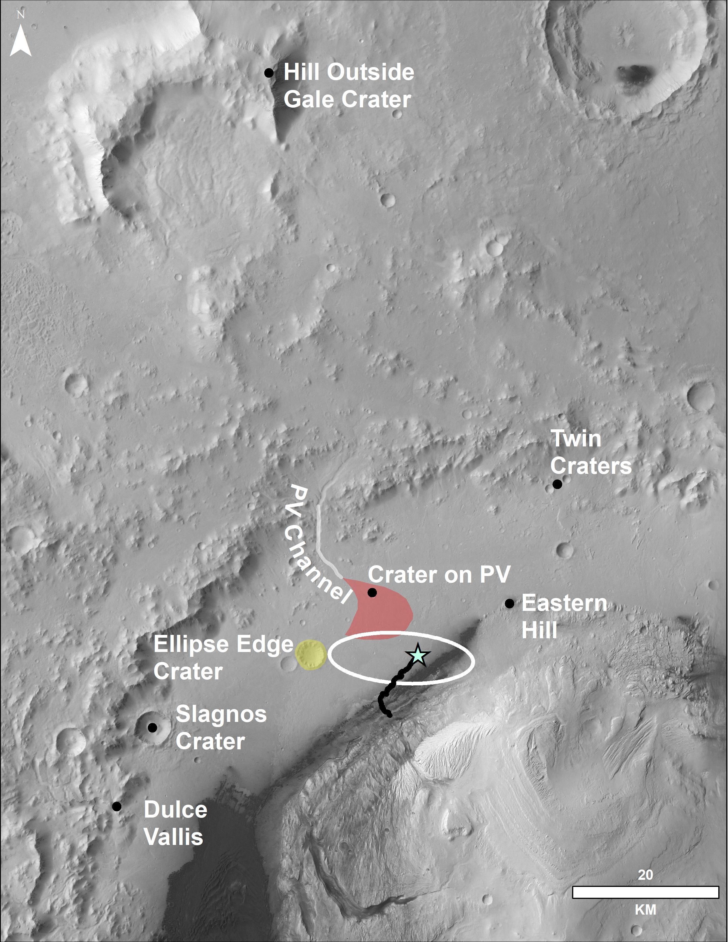 This image of the northwestern portion of Mars' Gale Crater and terrain north of it, from the European Space Agency's Mars Express orbiter, provides a locator map for some features visible in an October 2017 panorama from NASA's Curiosity Mars rover.