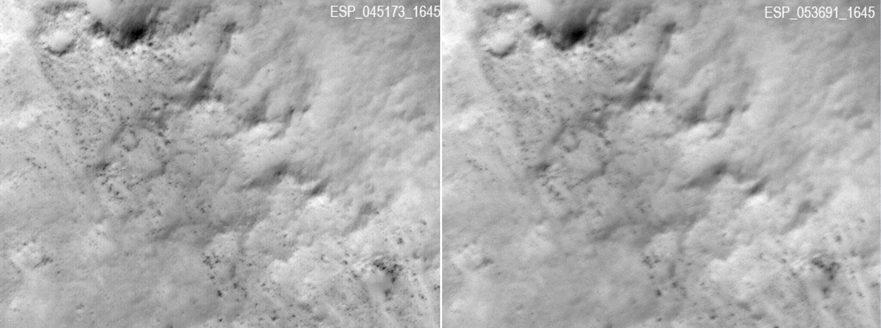 two side-by-side images of martian landscape from above, one blurry