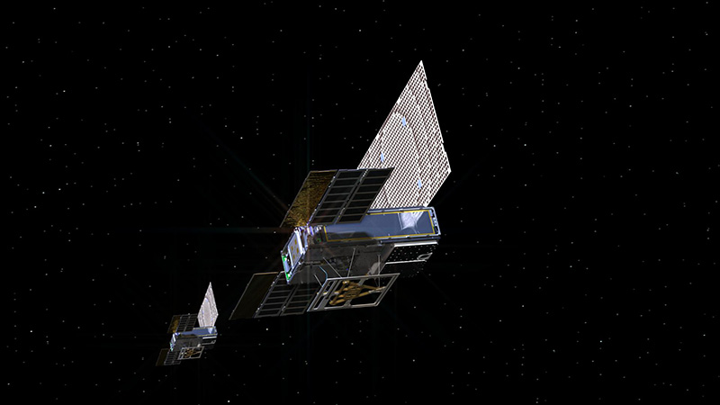 An artist's rendering of the twin Mars Cube One (MarCO) spacecraft as they fly through deep space.