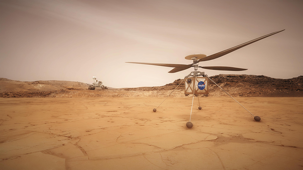 This artist concept shows the Mars Helicopter, a small, autonomous rotorcraft, which will travel with NASA's Mars 2020 rover mission.