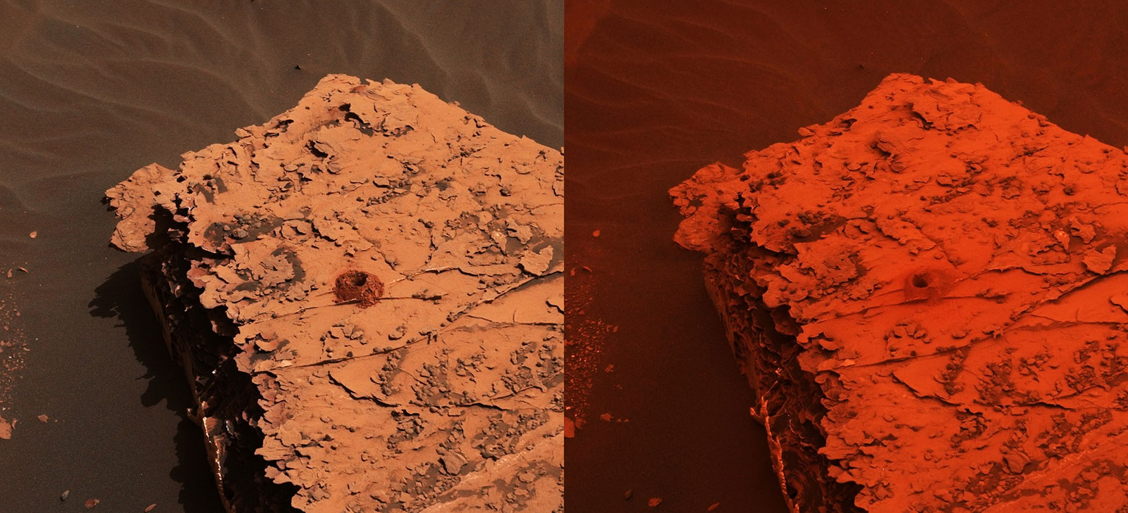 Two images from the Mast Camera (Mastcam) on NASA's Curiosity rover depicting the change in the color of light illuminating the Martian surface since a dust storm engulfed Gale Crater.