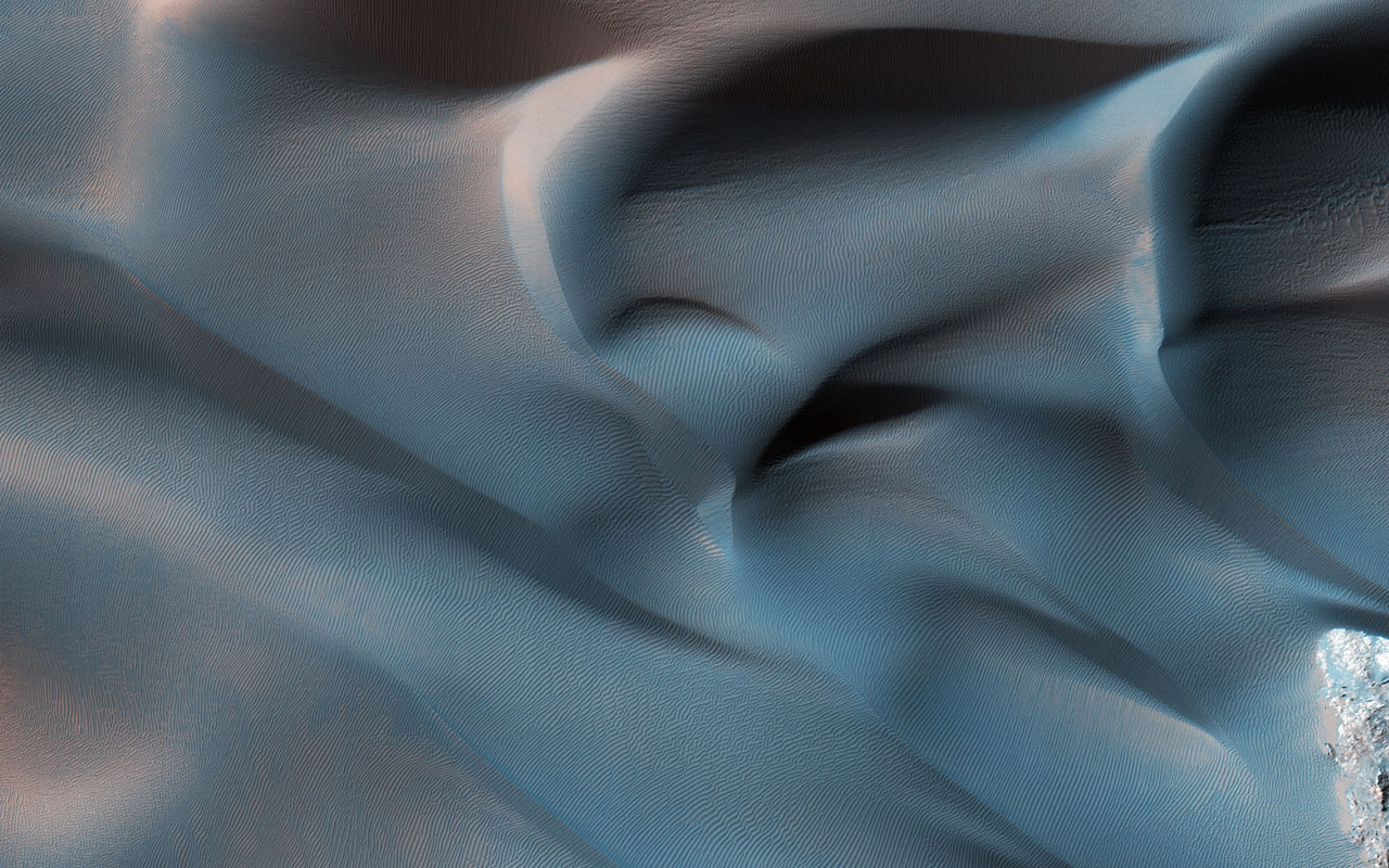 This image, acquired on January 2, 2014, by NASA's Mars Reconnaissance Orbiter, shows dune fields located among canyon wall slopes.