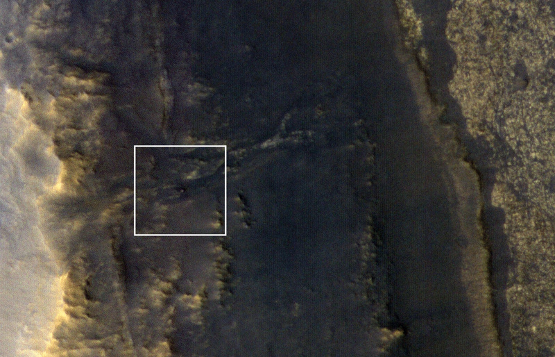 NASA's Opportunity rover appears as a blip in this image, which was taken by HiRISE, a high-resolution camera on NASA's Mars Reconnaissance Orbiter.