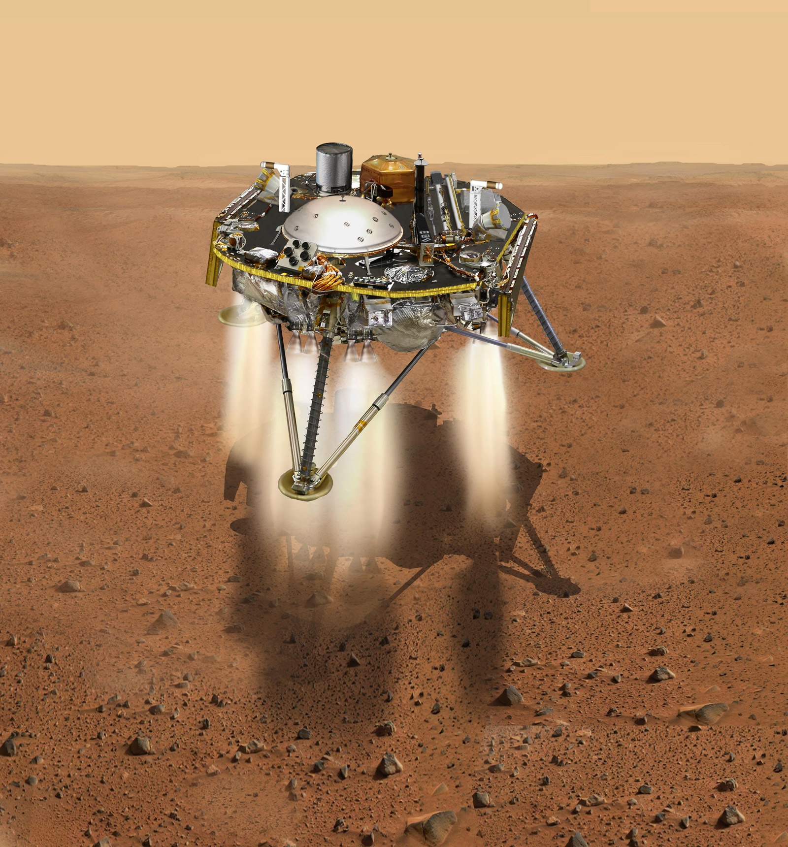 This is an illustration showing a simulated view of NASA's InSight about to land on the surface of Mars. This view shows the top of the spacecraft.