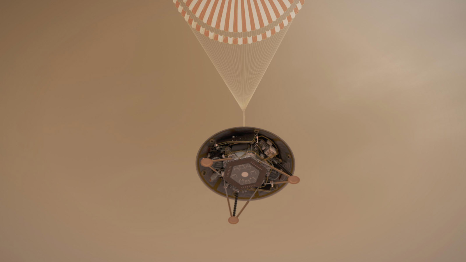 This illustration shows a simulated view of NASA's InSight lander descending towards the surface of Mars on its parachute.