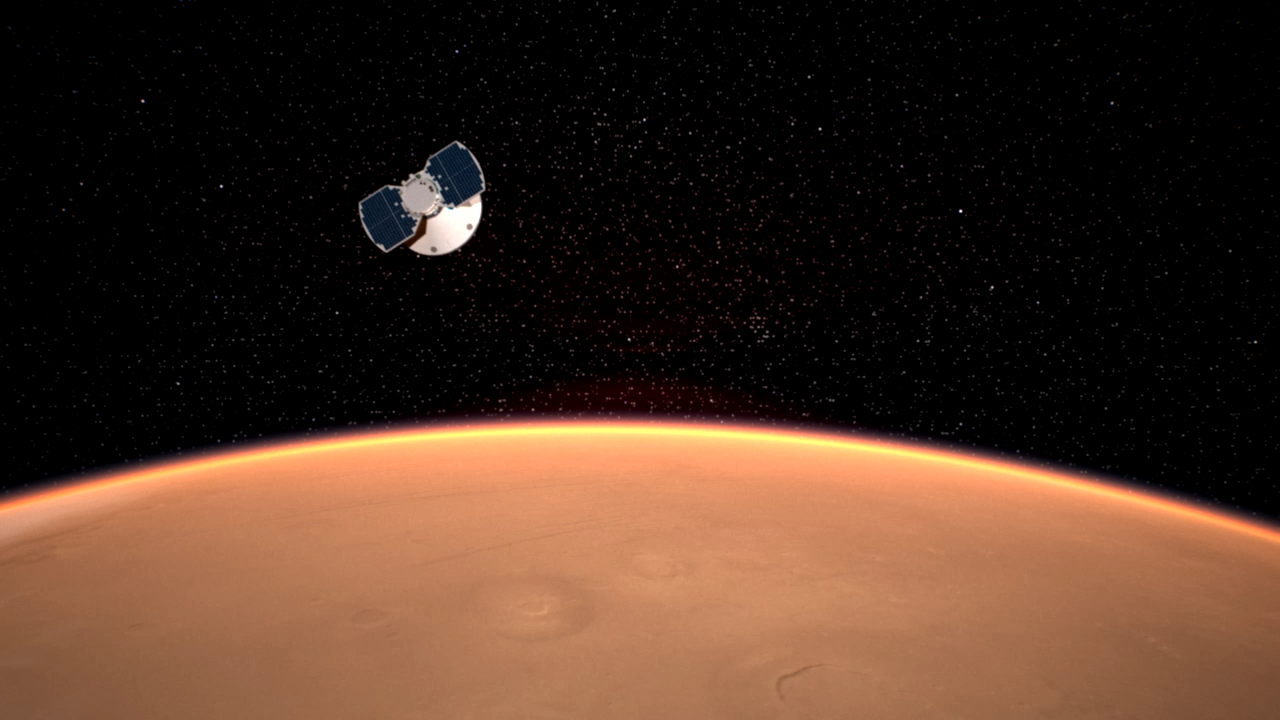 The InSight spacecraft approaches Mars in this artist’s concept.