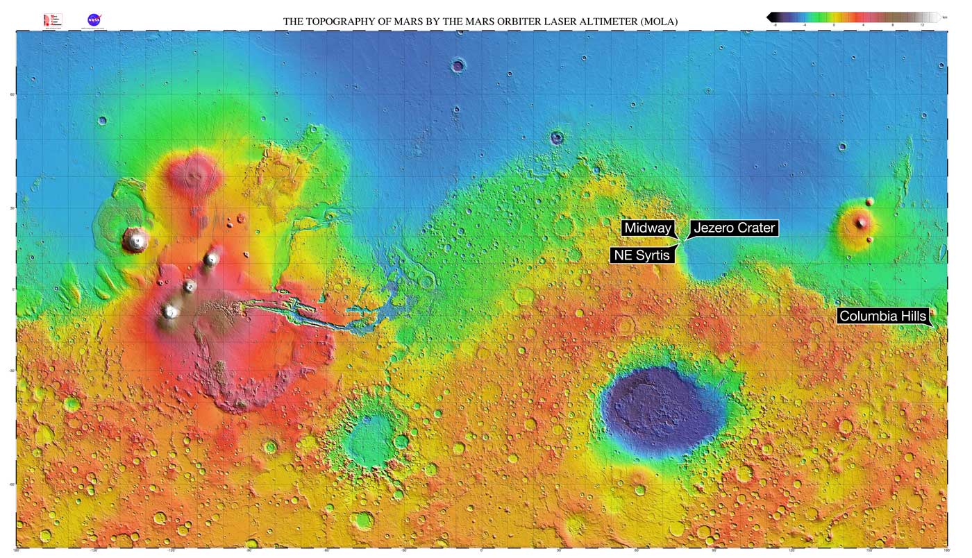 This Mars map depicts the final four locations under consideration for the landing site of Mars 2020.