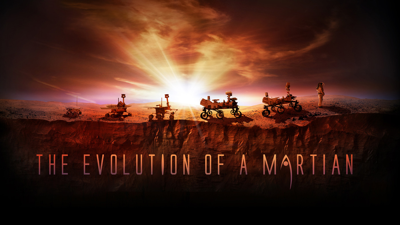 This artist's illustration shows NASA's four successful Mars rovers (from left to right): Sojourner, Spirit and Opportunity, and Curiosity. The image also shows the upcoming Mars 2020 rover and a human explorer.