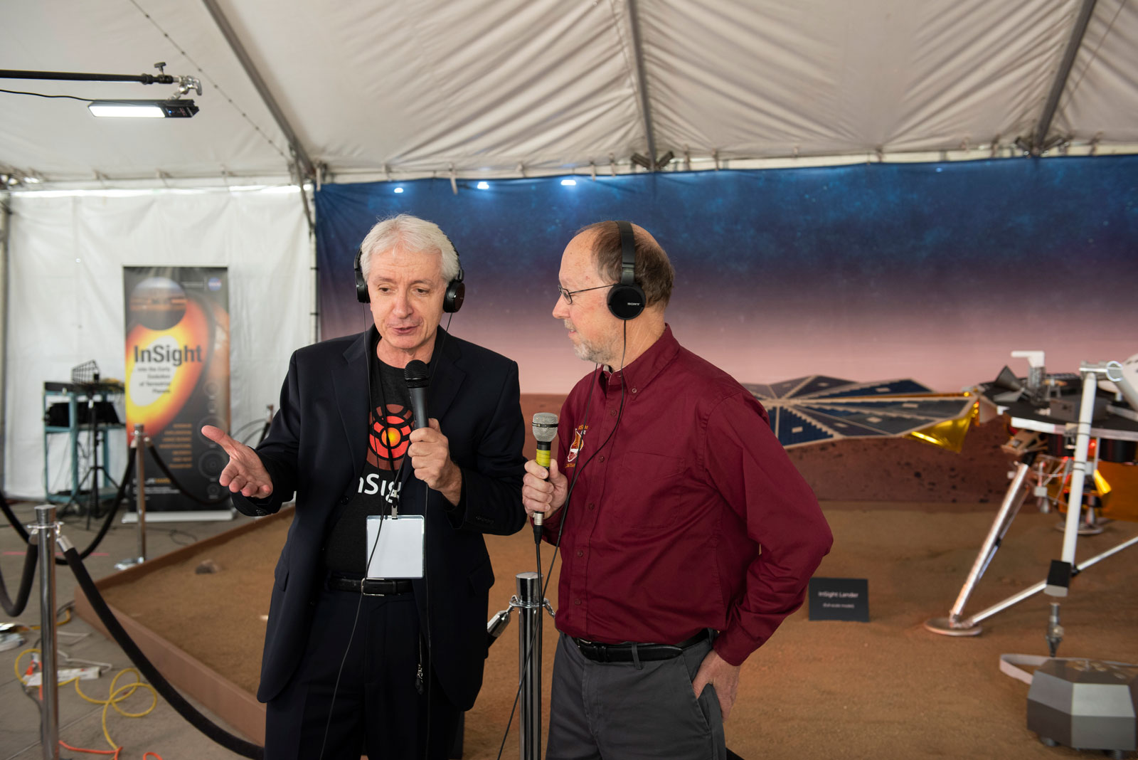 Bruce Banerdt talks to a member of the media on Nov. 26, 2018, in advance of InSight's landing on Mars.